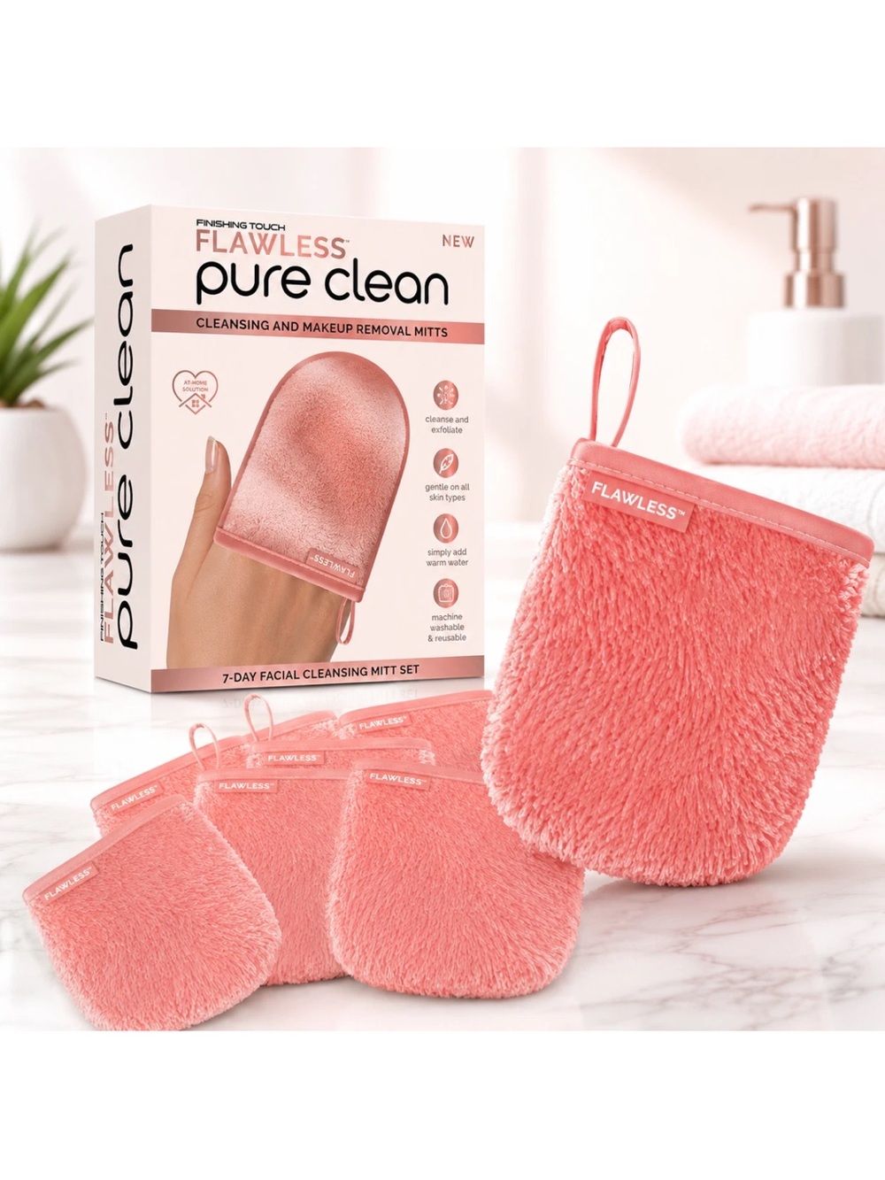 Finishing Touch Flawless Pure Clean Makeup Remover Pads Facial Mitts Glove 7-Pcs